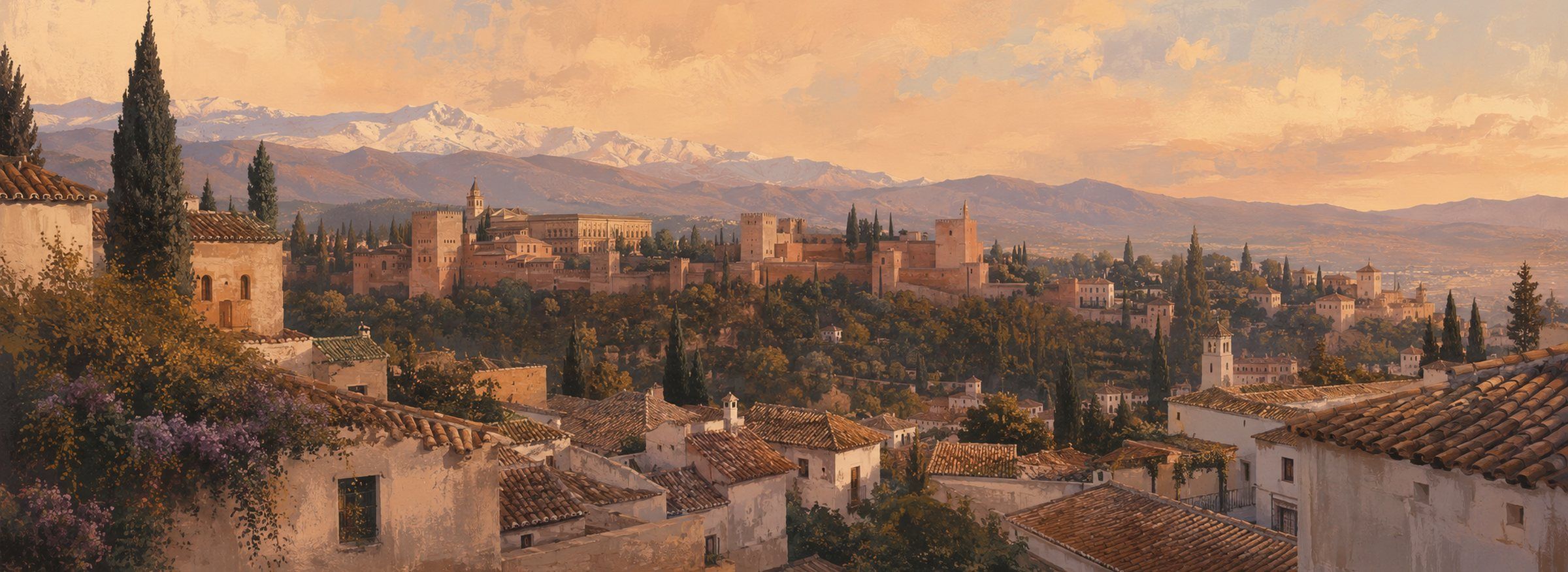 Los tejados del Albaicín de Granada, con la Alhambra y las cumbres nevadas de Sierra Nevada al fondo